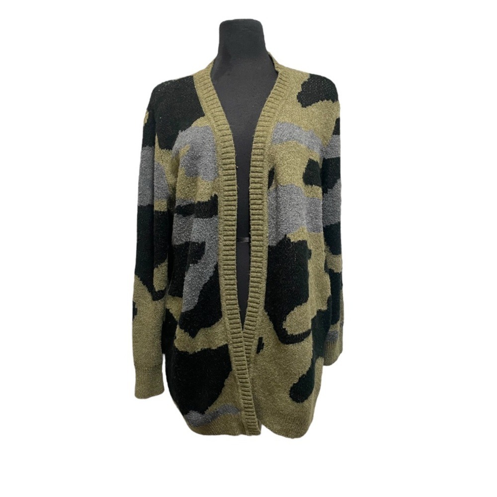 Mustard Seed Cardigan Women Medium Green Camo Good Open Front Longline Pockets